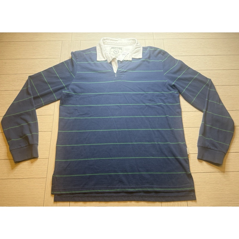 NWT American Eagle Navy‎ & Green Striped Long Sleeve Rugby Men's Shirt. Sz L